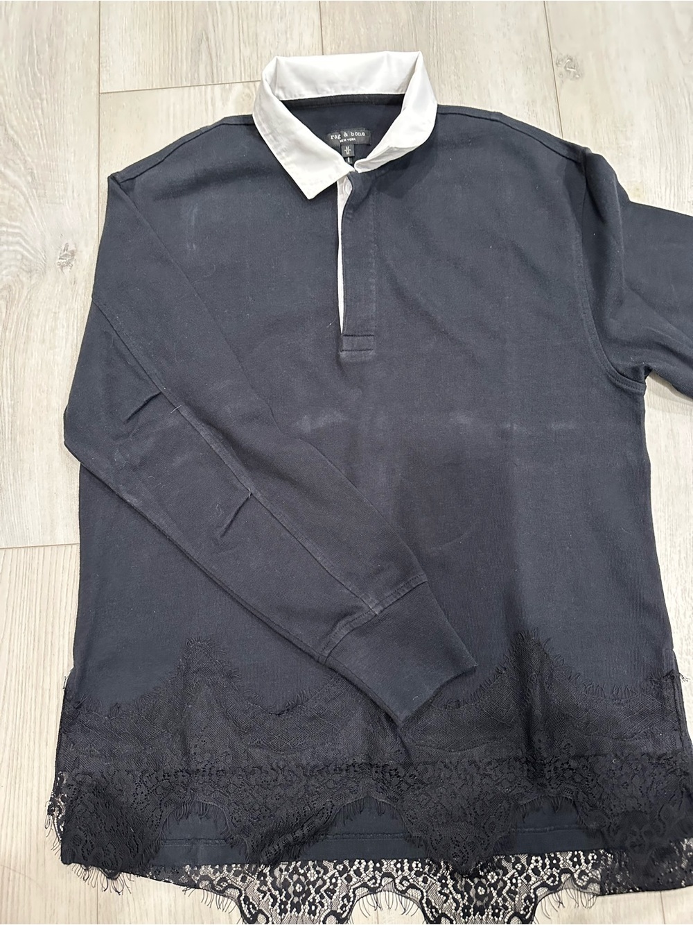 Rag & Bone New York Lace Hem Rugby Polo Sweatshirt Black Medium